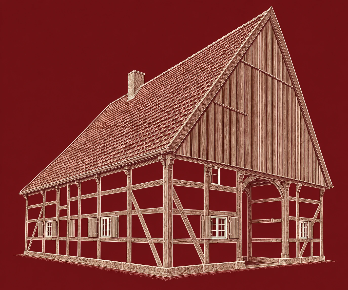 Architekturzeichnung eines historischen Fachwerkhauses mit steilem Satteldach, Giebeltor, Holztragwerk und Fundamentsockel. Nach dem Hausfoto aus dem Buchbestand.